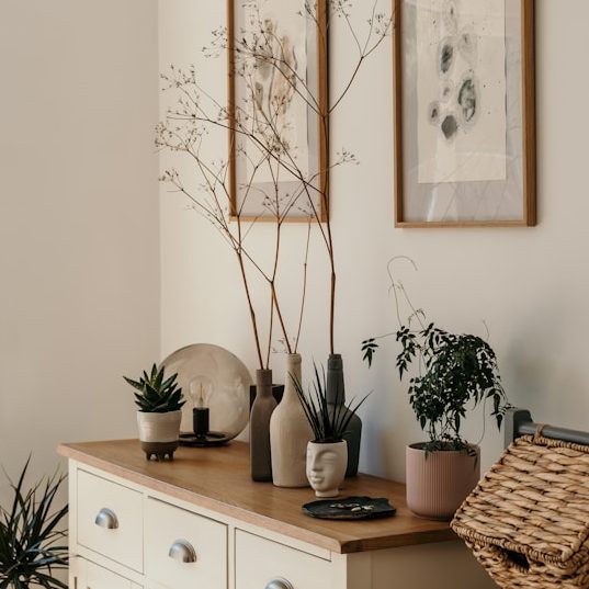 Unsere Deko Highlights für dein Zuhause Schrank mit Pflanzen, Vasen und Bildern an der Wand in einem Wohnraum.